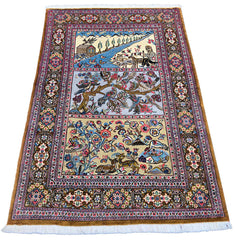 Hand-knotted Qom pictorial rug in 100% kork wool on a cotton base featuring a three-panel narrative of birds, deer, and pastoral life - #8130.