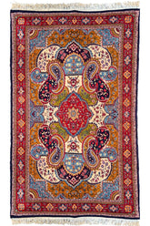 Hand-knotted Sarooq rug in 100% wool on a cotton base featuring multi-color scrolling paisley medallions and floral vines - #7568.