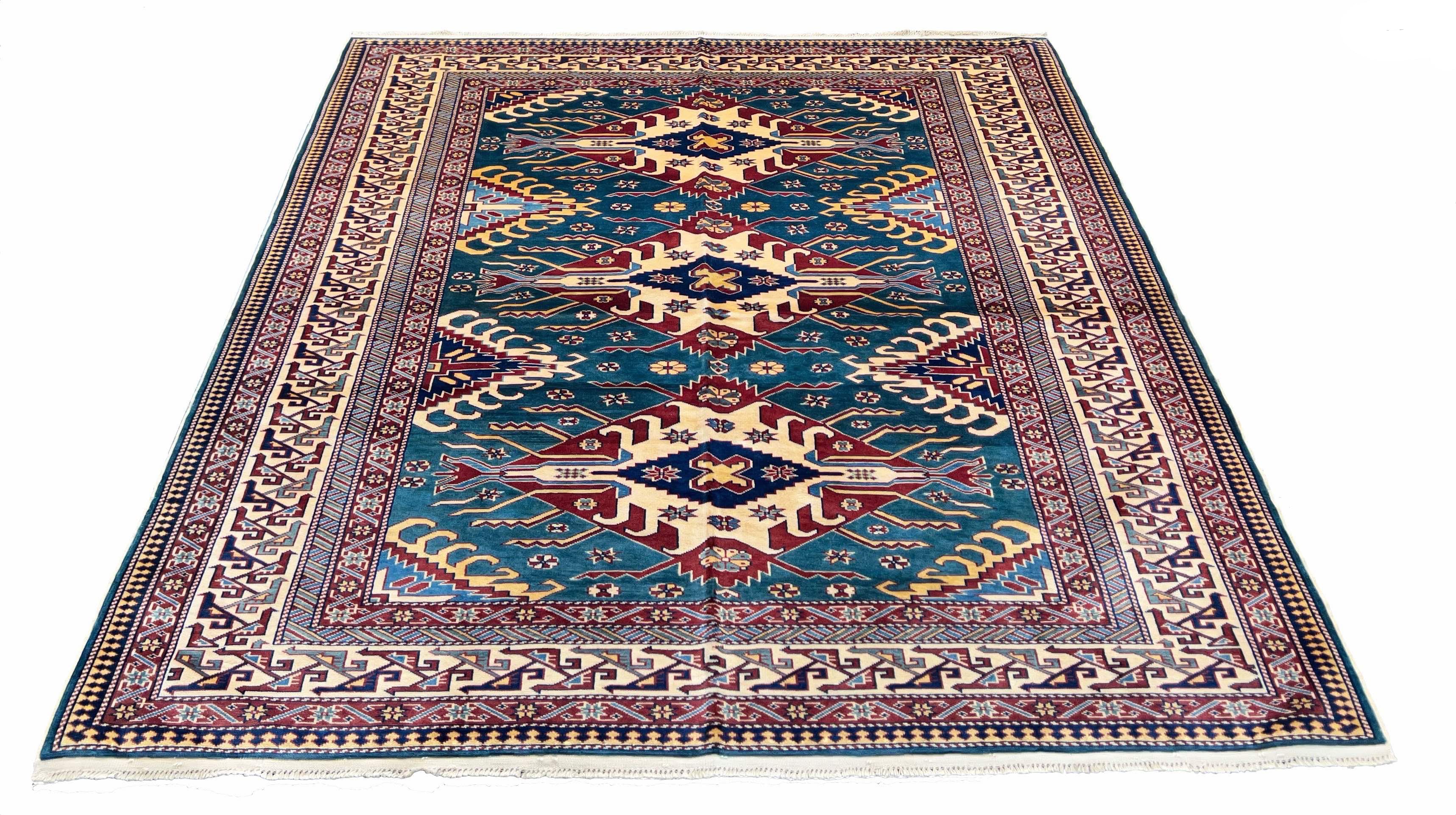 Sophisticated handmade Shirvan Azerbaijan rug with azure blue field and terracotta geometric tribal medallions on a cotton base #2679.