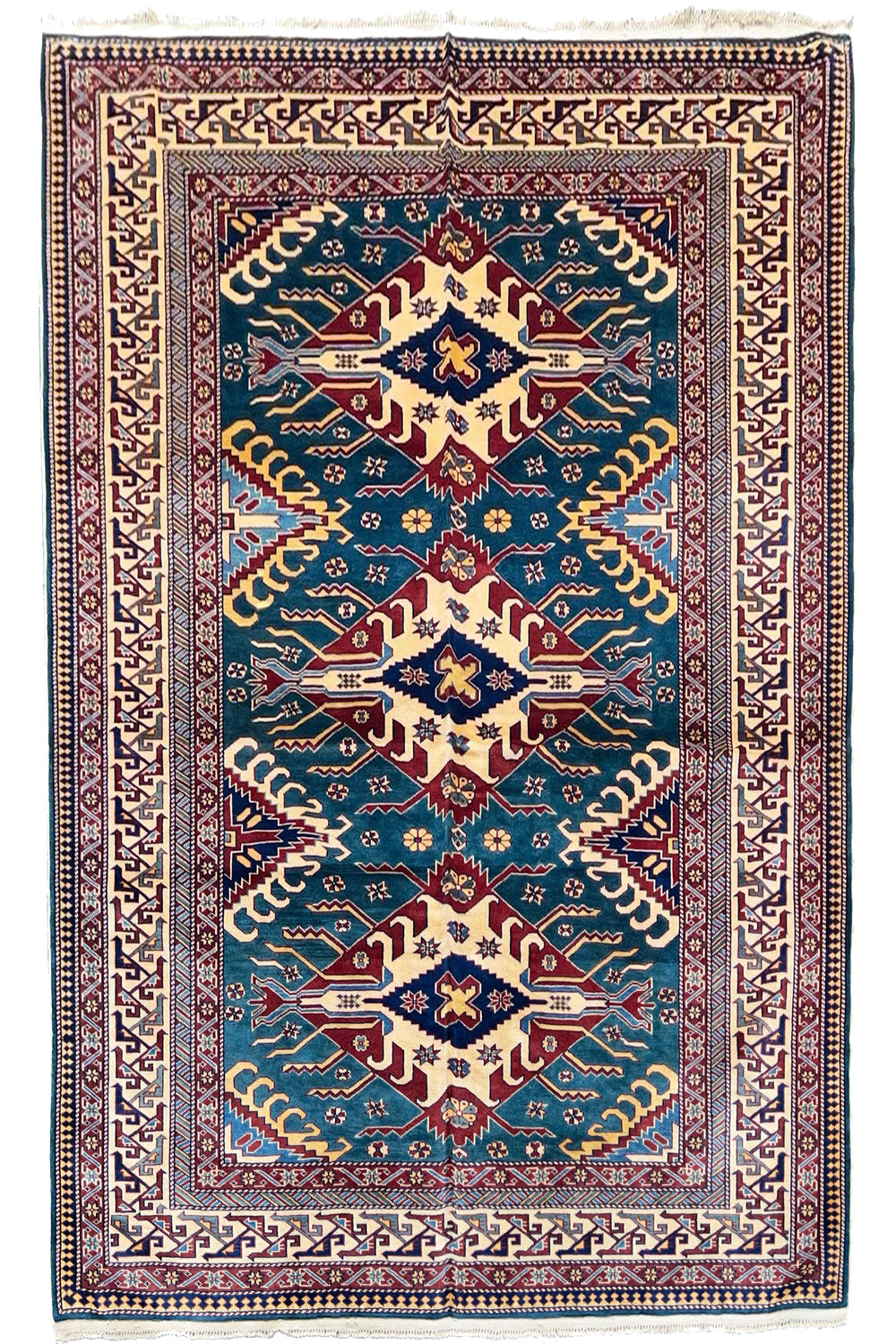 Sophisticated handmade Shirvan Azerbaijan rug with azure blue field and terracotta geometric tribal medallions on a cotton base #2679.