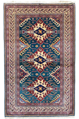 Sophisticated handmade Shirvan Azerbaijan rug with azure blue field and terracotta geometric tribal medallions on a cotton base #2679.
