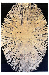 Luxury modern abstract rug featuring a large elliptical geometric sunburst in gold silk against a black wool background - #6077-CLA-111.