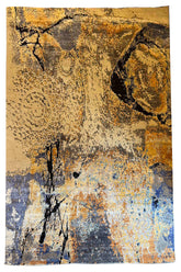 Modern abstract bamboo silk and wool rug featuring a painterly ochre and slate blue abstract design #YM-A-103.
