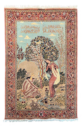 Intricate Pakistan Double Knot pictorial rug depicting the Story of Sheikh Sannan in crimson and midnight blue wool #358.