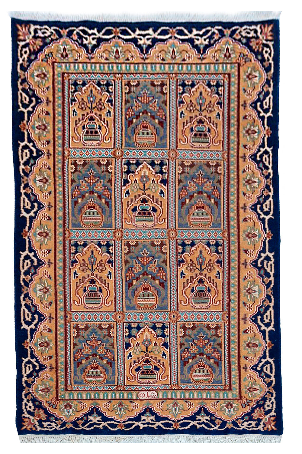 Authentic Pakistan single knot rug in indigo and gold hand-knotted wool #8405 for luxury panel decor.