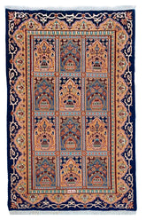 Authentic Pakistan single knot rug in indigo and gold hand-knotted wool #8405 for luxury panel decor.