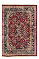 Authentic #8205 Persian Kashan wool rug featuring traditional floral medallion design, hand-knotted wool on cotton base by AL-SHAHZADI HK LIMITED.