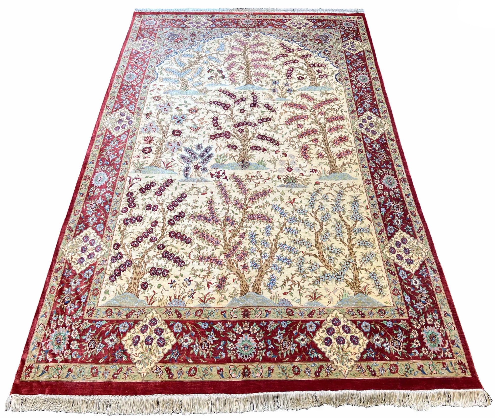 Exquisite pure silk Persian Qom rug in ivory and burgundy Tree of Life design for luxury home decor.