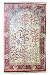 Exquisite pure silk Persian Qom rug in ivory and burgundy Tree of Life design for luxury home decor.