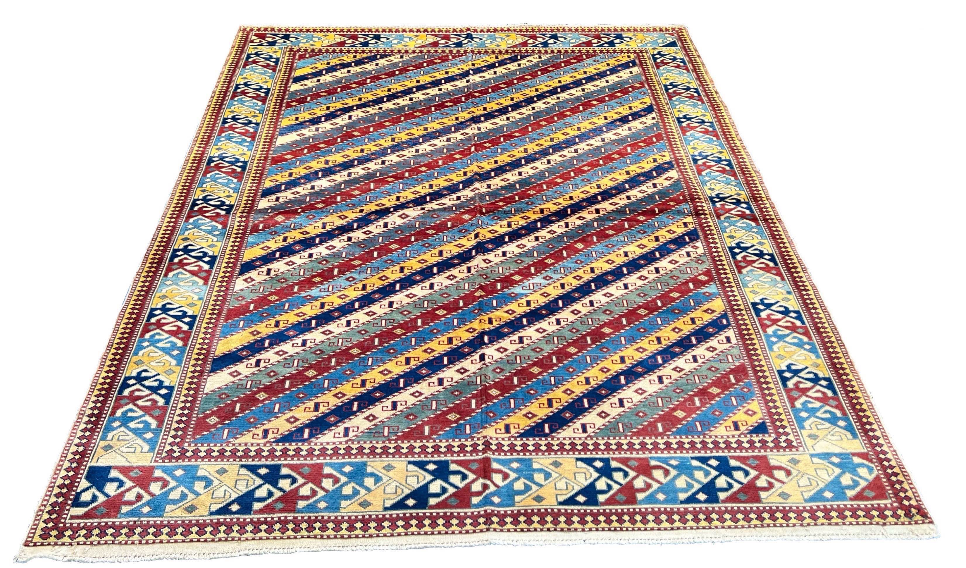 Authentic Shirvan Rug from Azerbaijan featuring a vibrant diagonal stripe tribal design in crimson and navy - #2680.