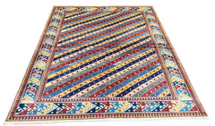Authentic Shirvan Rug from Azerbaijan featuring a vibrant diagonal stripe tribal design in crimson and navy - #2680.