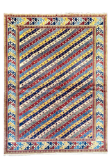Authentic Shirvan Rug from Azerbaijan featuring a vibrant diagonal stripe tribal design in crimson and navy - #2680.