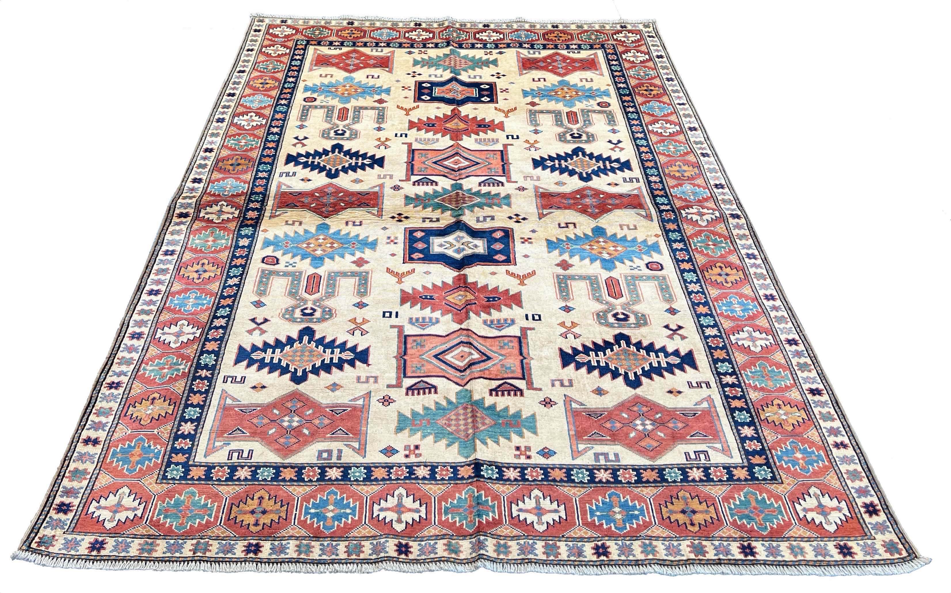 Authentic Shirvan Rug from Azerbaijan with cream field and multi-colored geometric medallions - #2692.