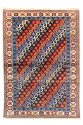 Authentic Shirvan Rug from Azerbaijan featuring a vibrant crimson and navy honeycomb lattice tribal design - #3250.