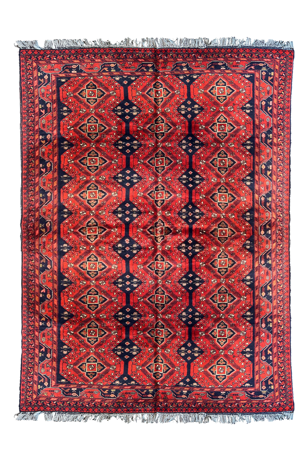 Authentic Afghani Khan Mohamadi wool on cotton base rug featuring iconic red tribal patterns - #2299.