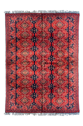 Authentic Afghani Khan Mohamadi wool on cotton base rug featuring iconic red tribal patterns - #2299.