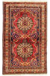 Vintage hand-knotted Bakhtiar rug in 100% wool on a cotton base featuring two large floral medallions on a red field - #7551.