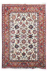 Top view of hand-knotted vintage Isfahan rug 7233 featuring an all-over floral ivory field with crimson accents.