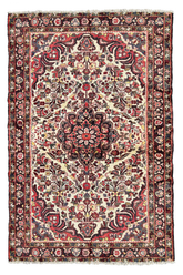 Flat lay top view of hand-knotted vintage Persian Afshar rug 7577 featuring a beige background with stylized floral boteh motifs in red, brown, and grey tones.