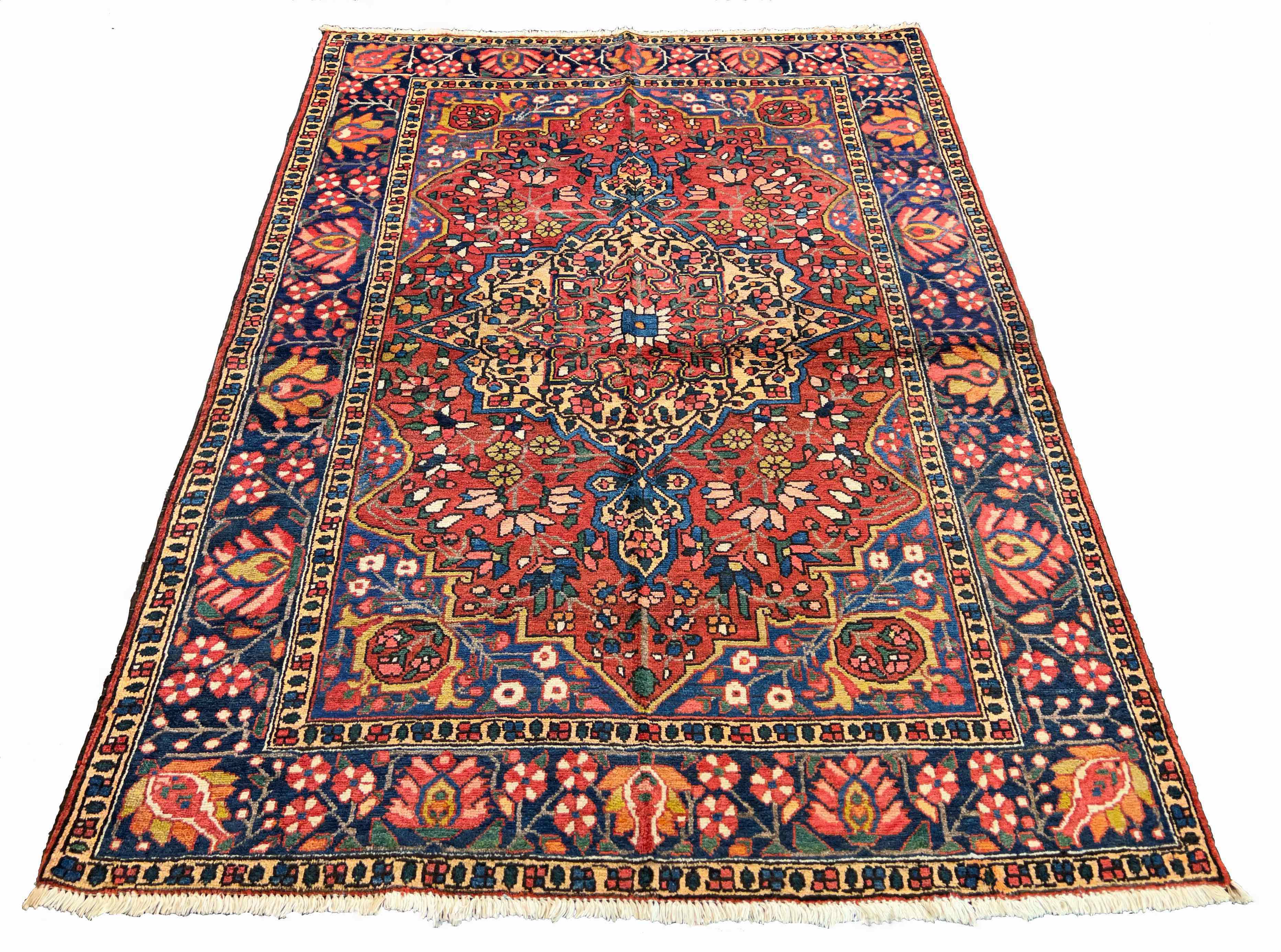 Authentic #7575 Vintage Persian Bakhtiyar rug with central medallion and floral spandrels, hand-knotted wool on cotton base by AL-SHAHZADI HK LIMITED.