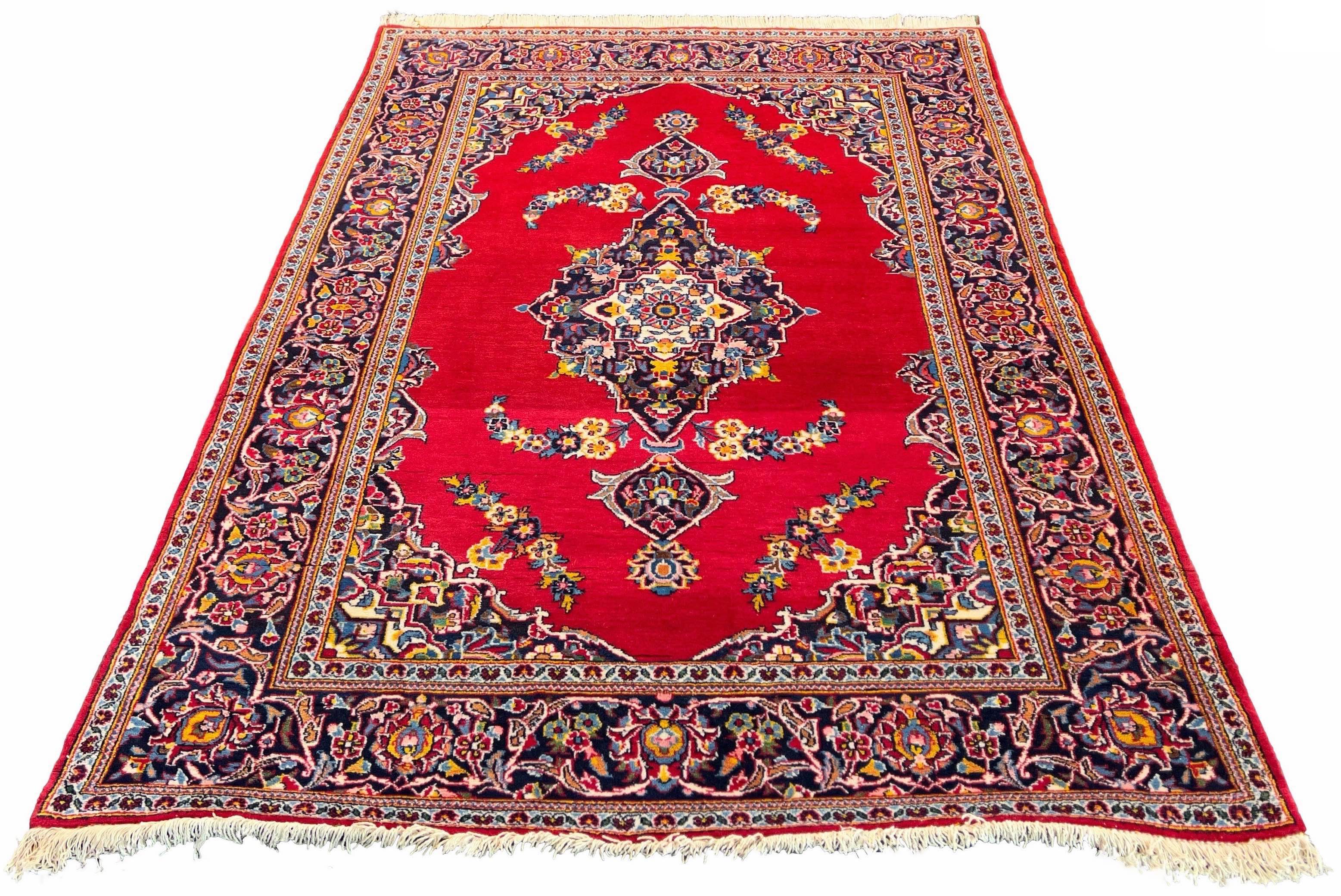Authentic #7549 vintage Persian Kashan wool on cotton base rug with royal medallion patterns by AL-SHAHZADI HK LIMITED.