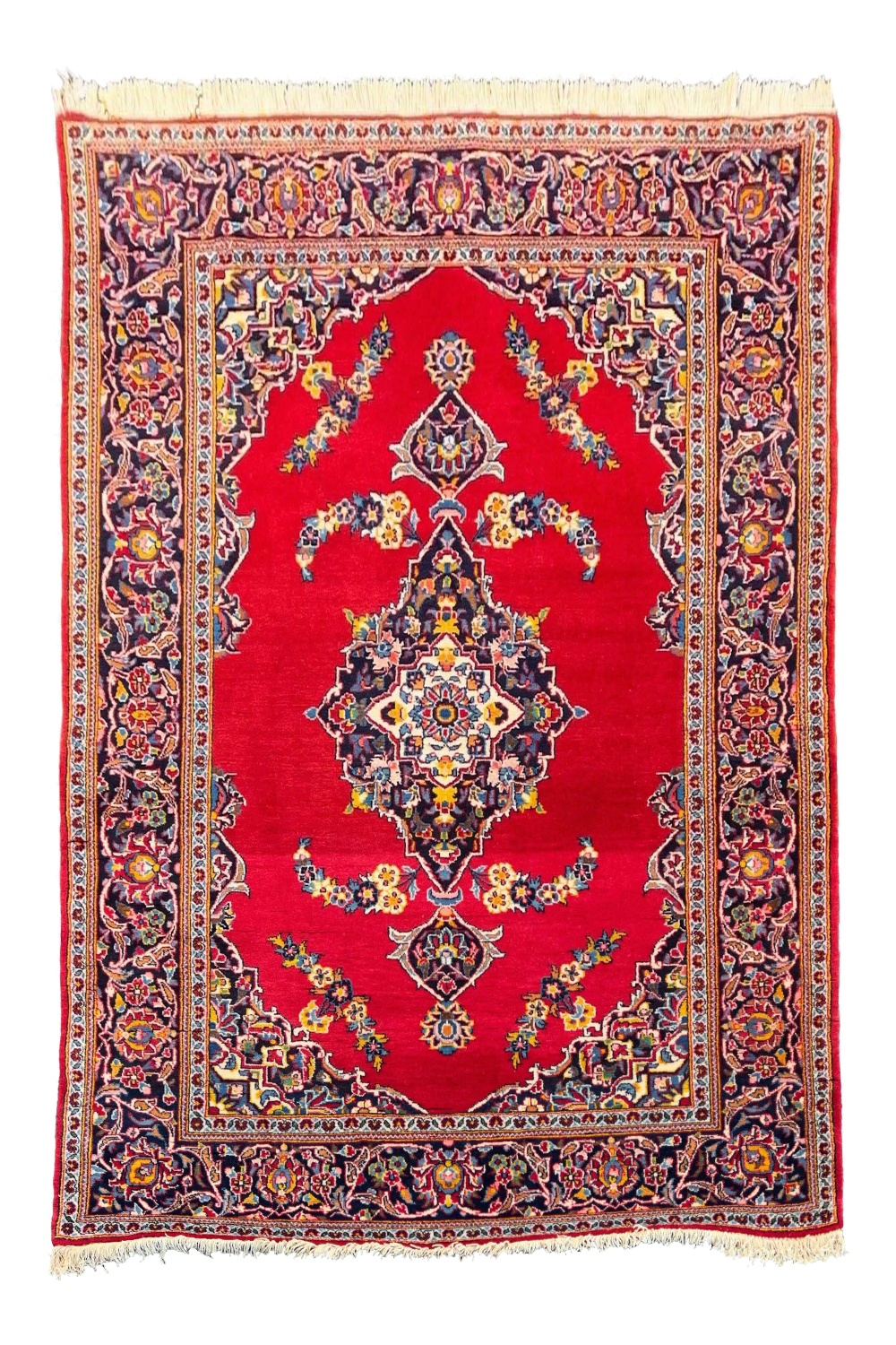 Authentic #7549 vintage Persian Kashan wool on cotton base rug with royal medallion patterns by AL-SHAHZADI HK LIMITED.