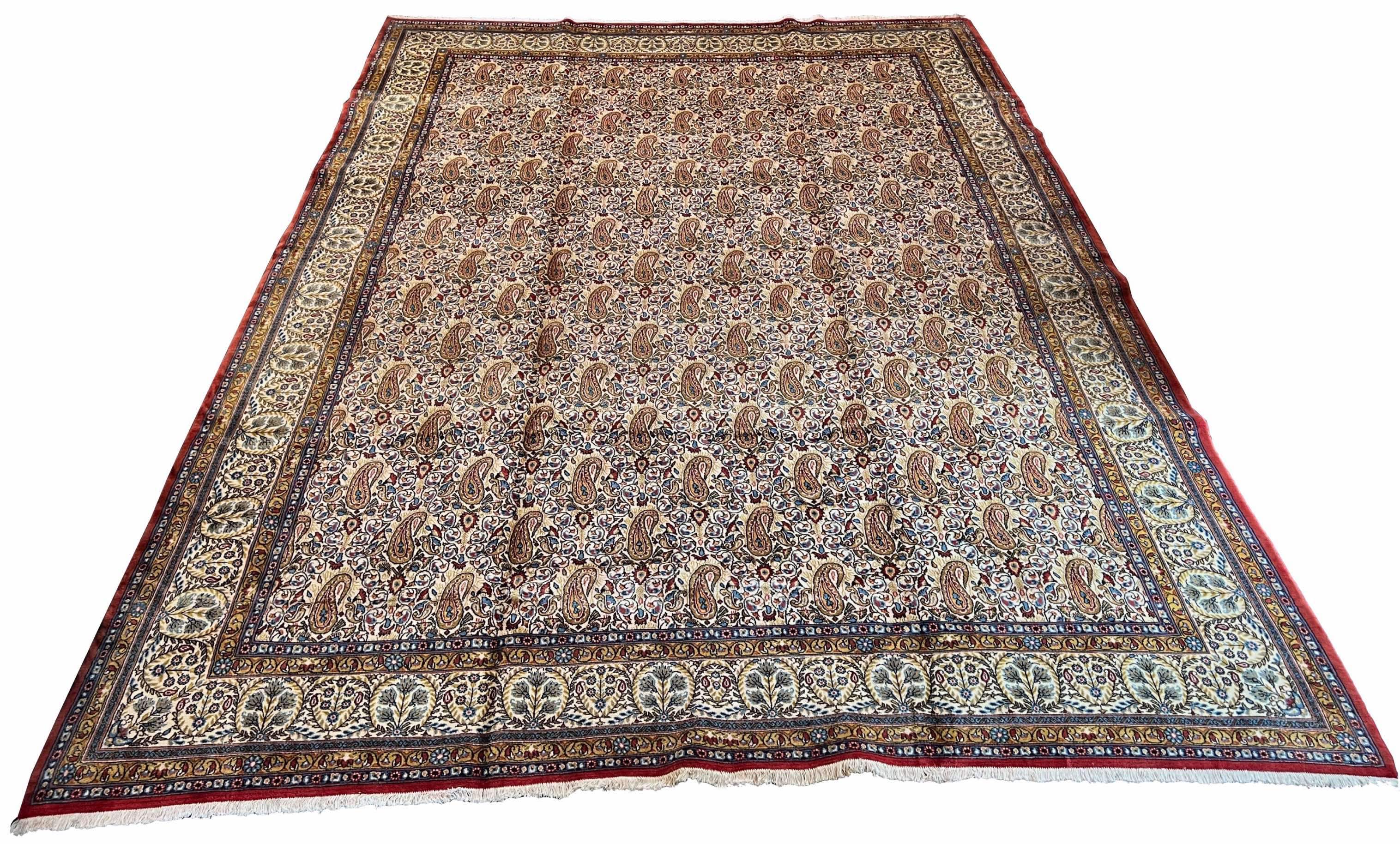 Exquisite #8201 Vintage Persian Qom rug, hand-knotted Paisley Boteh design with fine wool on cotton base by AL-SHAHZADI HK LIMITED.