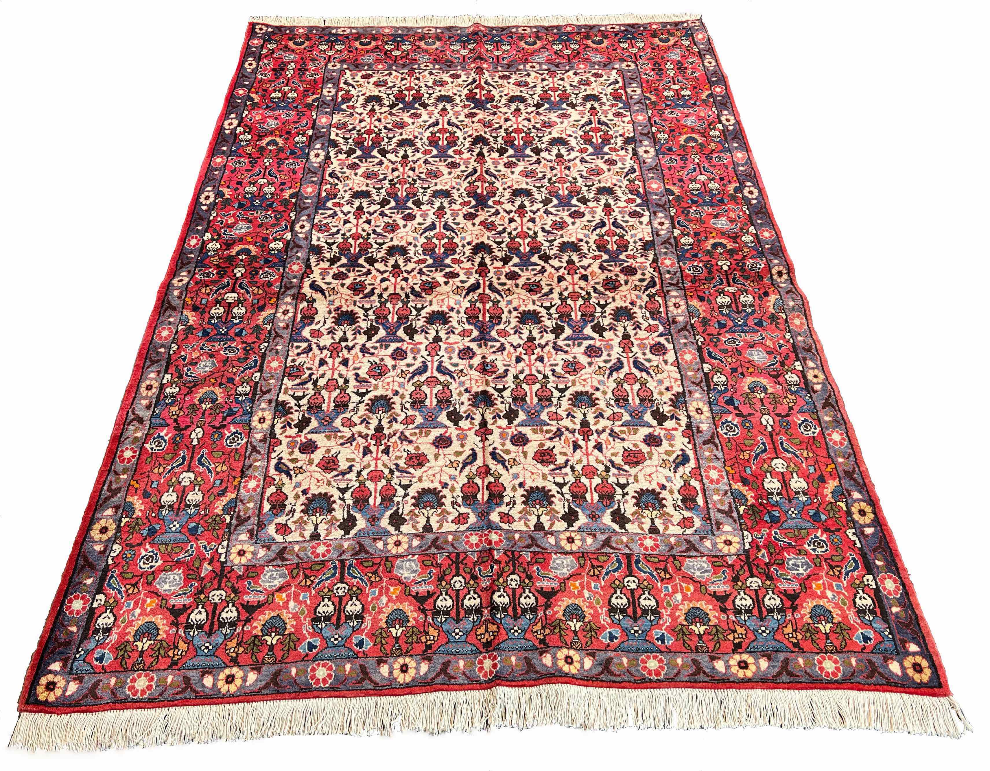 Authentic #7576 Vintage Persian Veramin rug featuring Mina-Khani floral design, hand-knotted wool on cotton base by AL-SHAHZADI HK LIMITED.