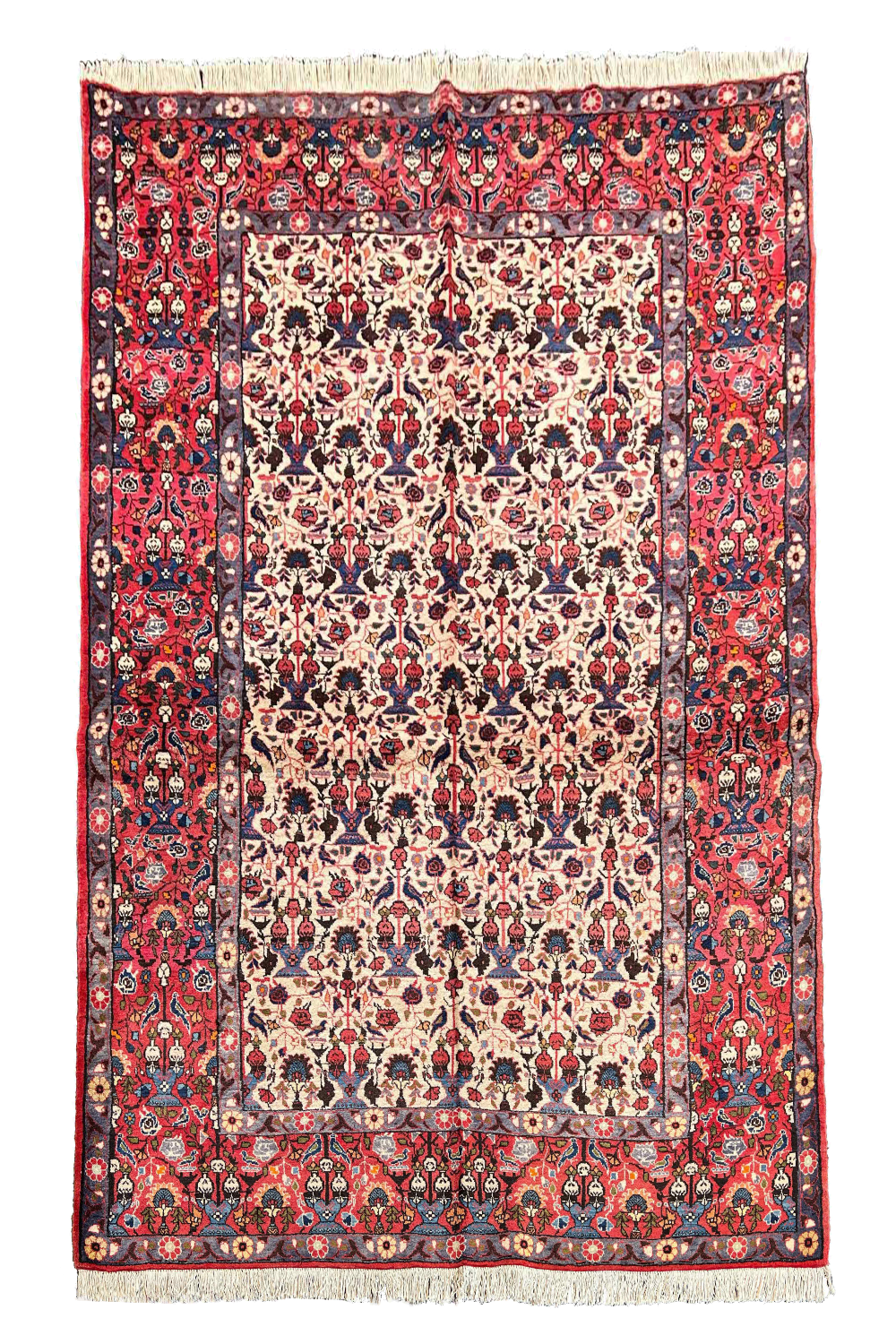 Authentic #7576 Vintage Persian Veramin rug featuring Mina-Khani floral design, hand-knotted wool on cotton base by AL-SHAHZADI HK LIMITED.