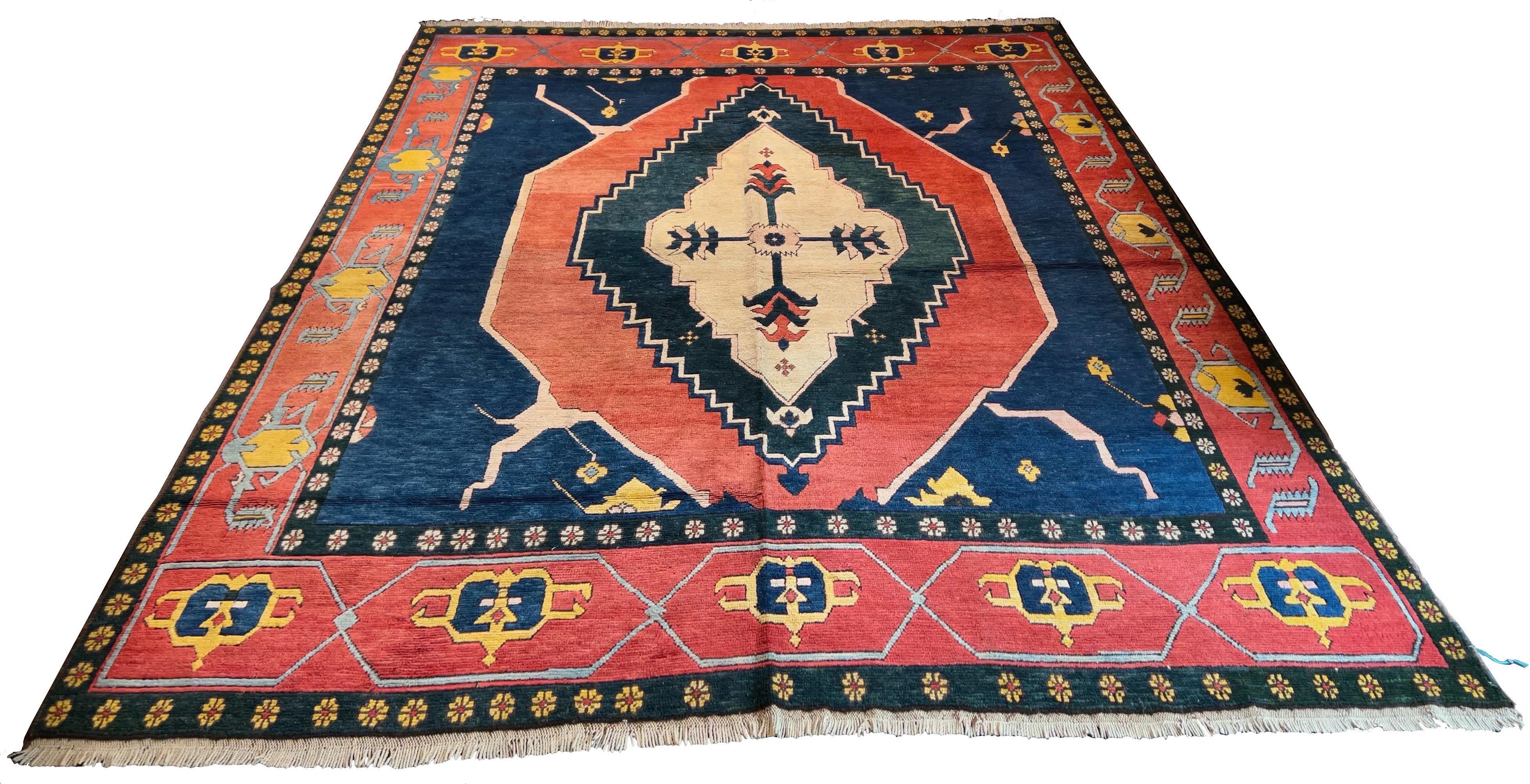 Large vintage Turkish Kars wool rug, hand-knotted wool on wool base with authentic nomadic patterns and rustic texture by AL-SHAHZADI HK LIMITED (12'3" x 9'0").