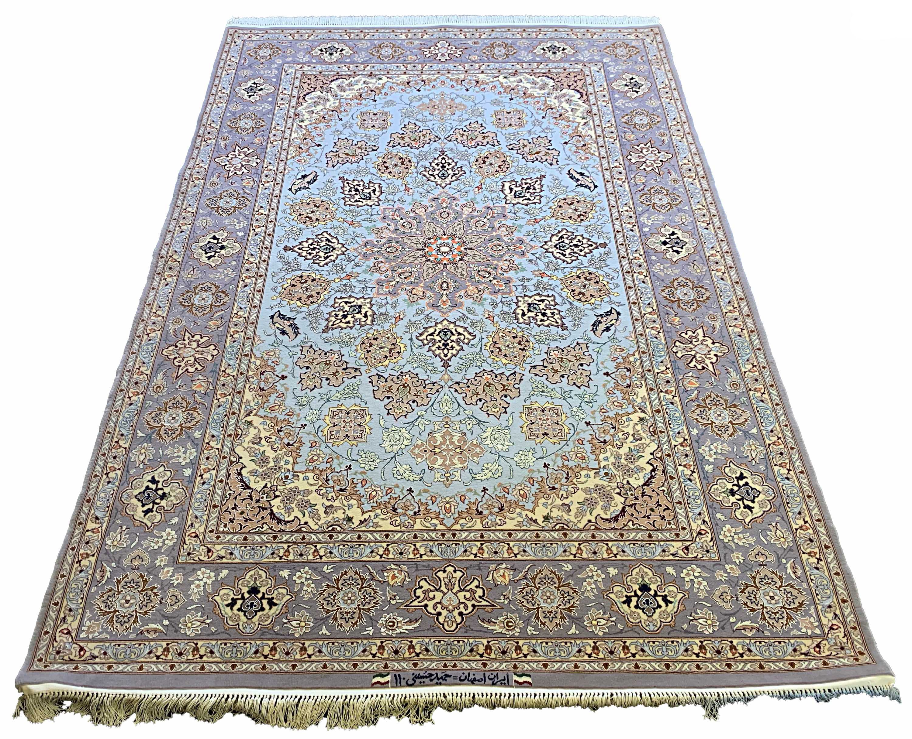 #6047 Light blue Persian Esfahan wool on silk base by Hamid Houssaini