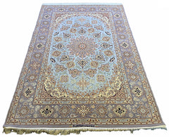 #6047 Light blue Persian Esfahan wool on silk base by Hamid Houssaini