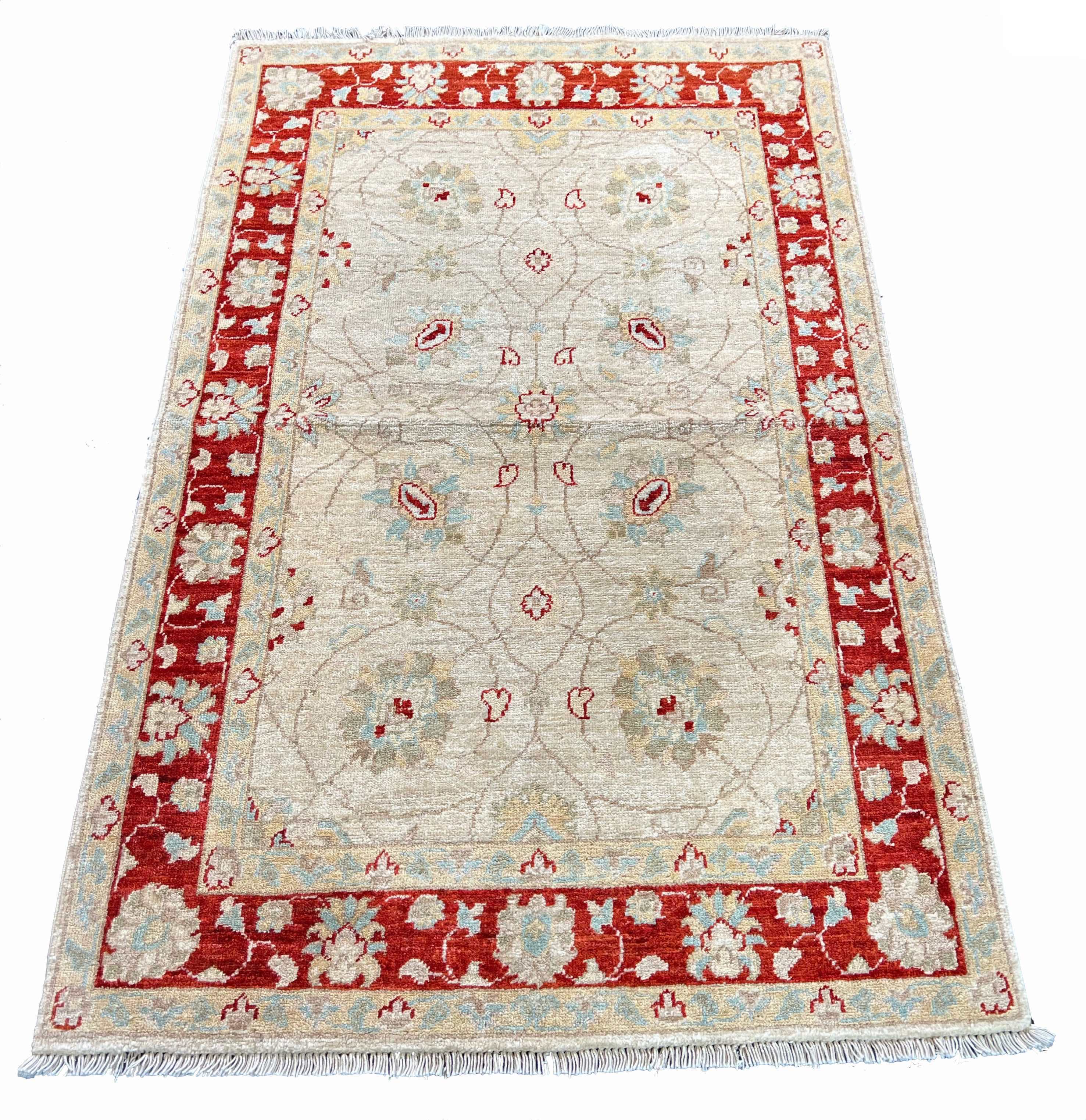 Hand-knotted Afghani Chobi Rug with ivory floral field and a rich crimson border - #4961.