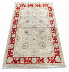 Hand-knotted Afghani Chobi Rug with ivory floral field and a rich crimson border - #4961.