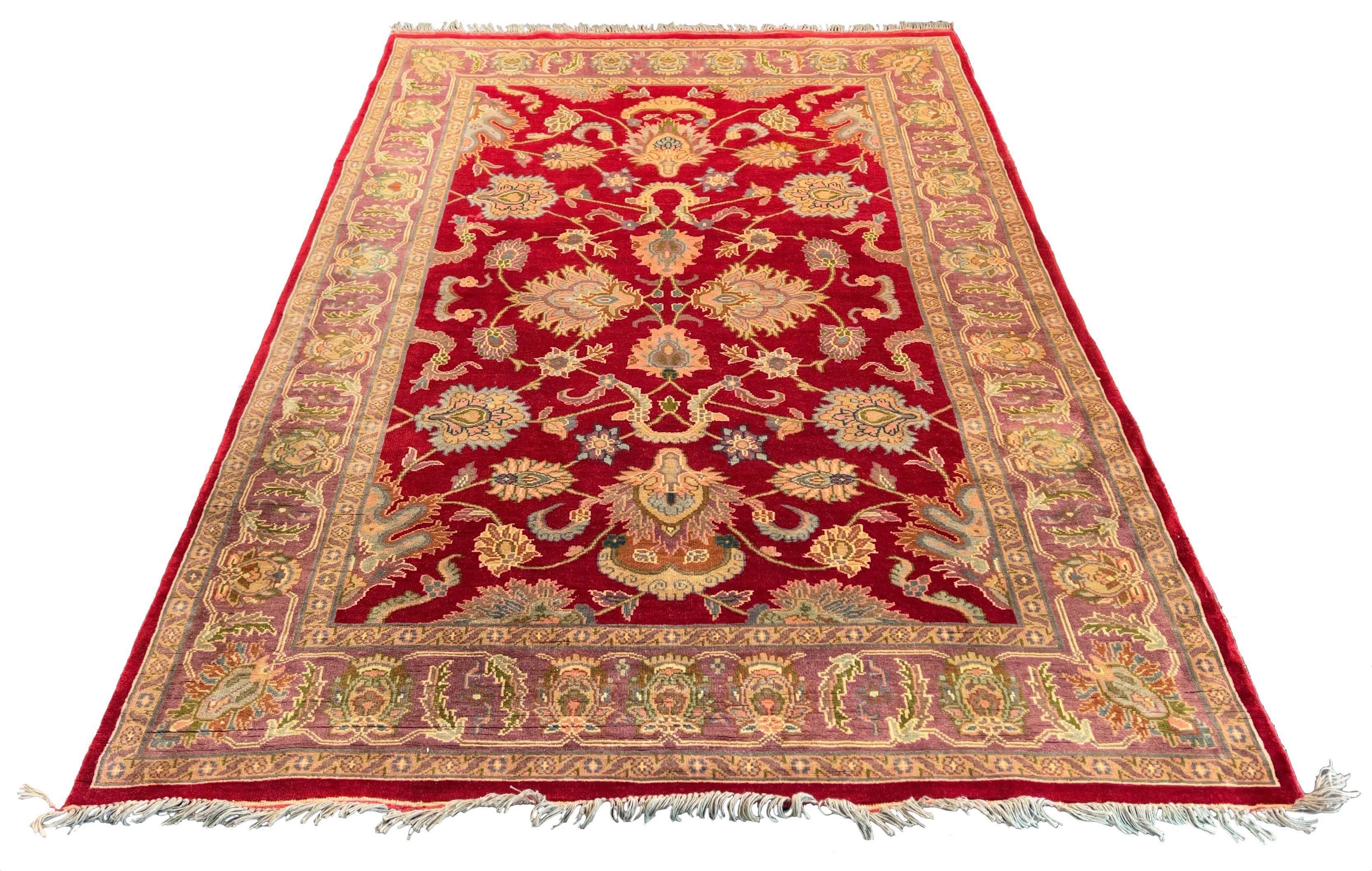 Hand-knotted Afghani Chobi Rug on a cotton base featuring a crimson field and golden-tan botanical patterns - #314.