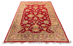 Hand-knotted Afghani Chobi Rug on a cotton base featuring a crimson field and golden-tan botanical patterns - #314.