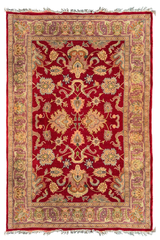 Hand-knotted Afghani Chobi Rug on a cotton base featuring a crimson field and golden-tan botanical patterns - #314.