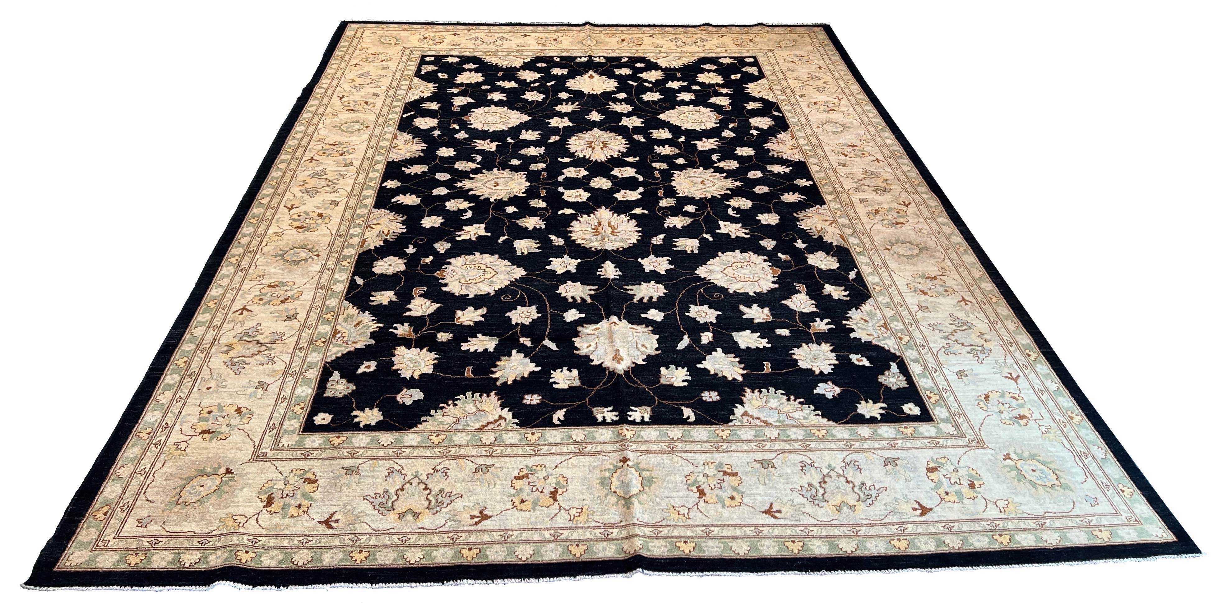 Hand-knotted Afghani Chobi Rug on a cotton base with midnight dark blue field and ivory botanical palmettes - #3187