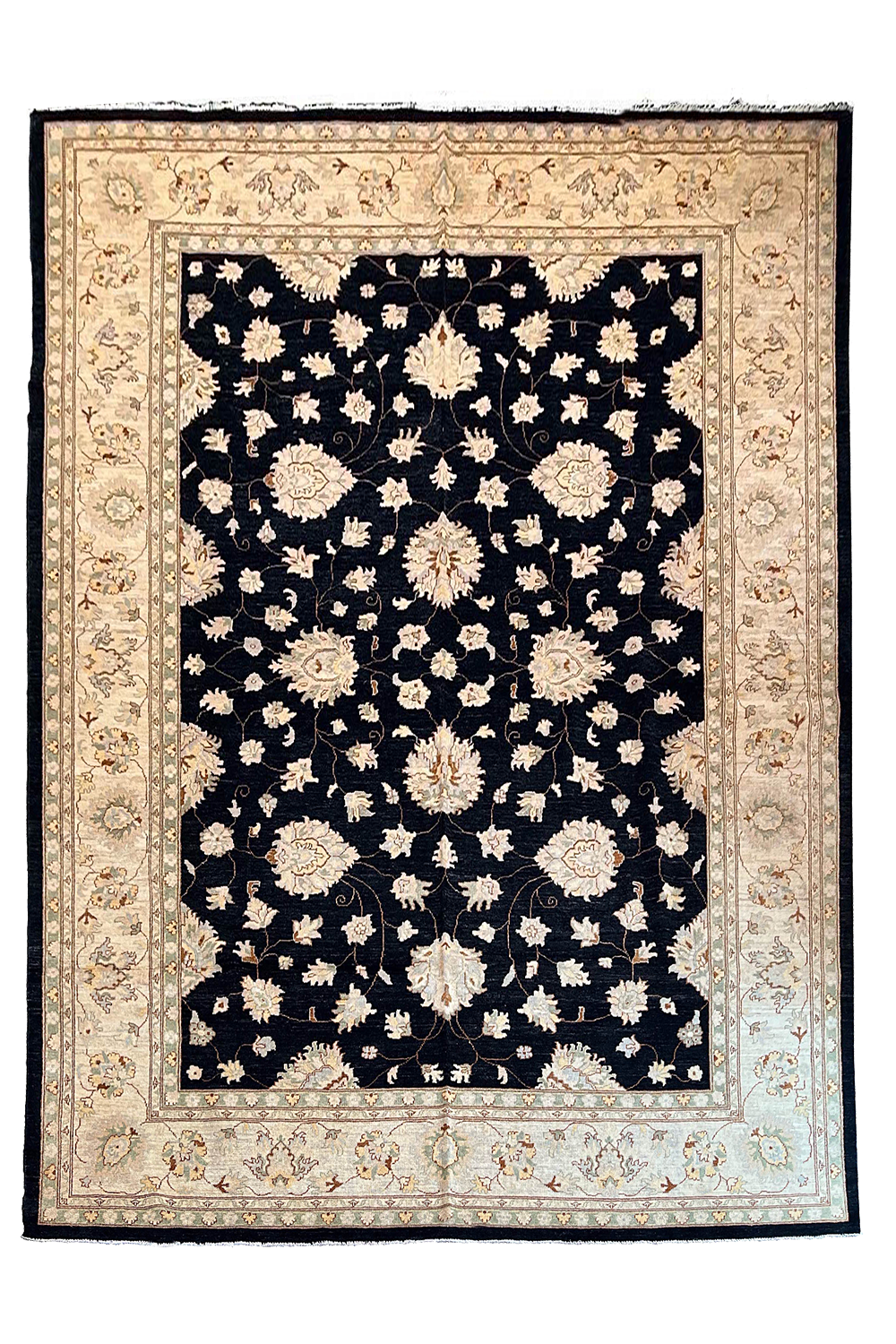 Hand-knotted Afghani Chobi Rug on a cotton base with midnight dark field and ivory botanical palmettes - #3187.