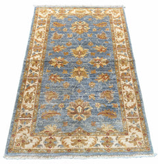 Hand-knotted Afghani Chobi Rug on a cotton base with slate blue field and golden-tan floral palmettes - #4872.