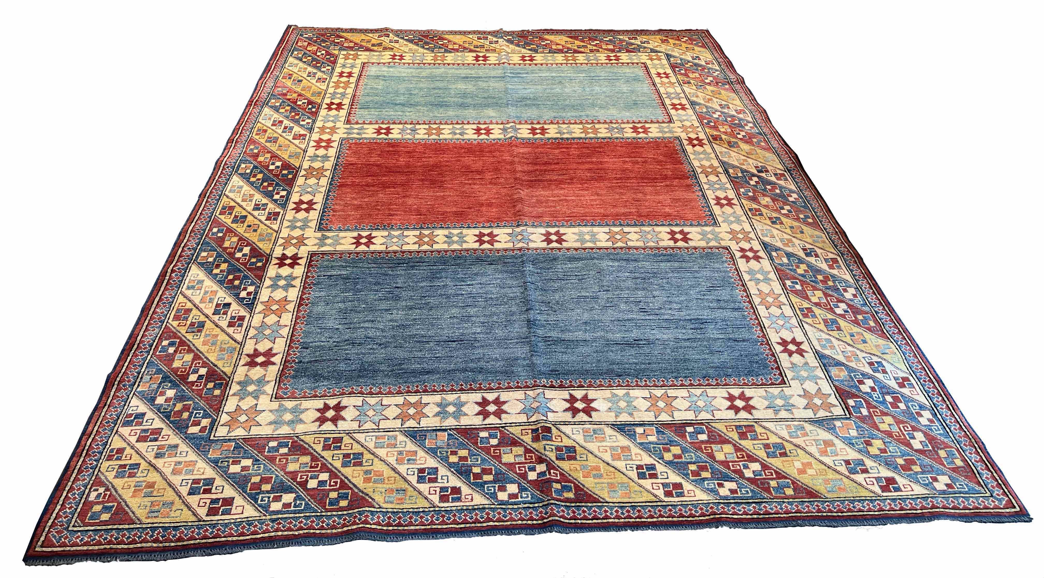 Hand-knotted #2504 Afghani Turkoman Kazak wool rug, featuring vibrant geometric motifs and durable wool on cotton base by AL-SHAHZADI HK LIMITED.