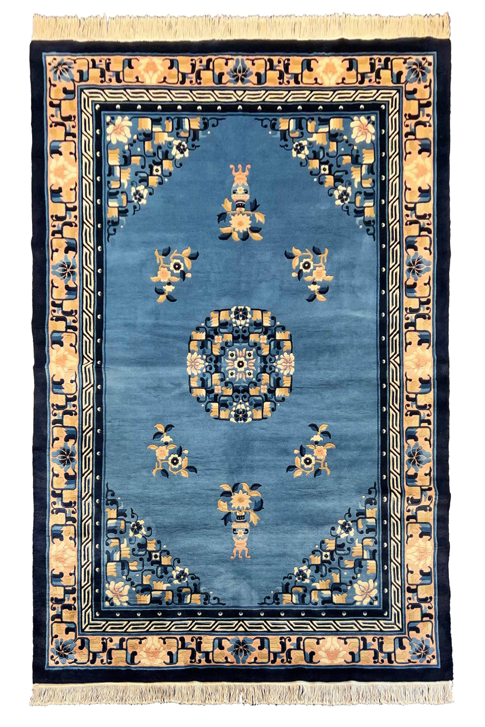 Hand-knotted Chinese vintage wool rug featuring golden wheat and blue botanical patterns - #277-97917.