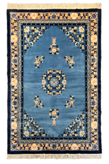 Hand-knotted Chinese vintage wool rug featuring golden wheat and blue botanical patterns - #277-97917.