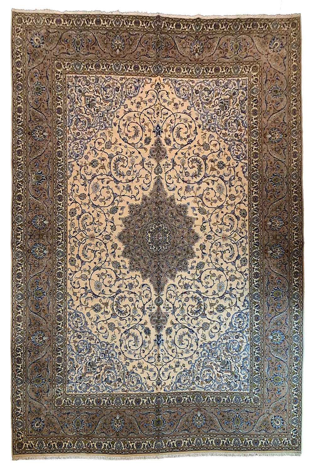 Hand-knotted Kashan rug in 100% wool on a cotton base featuring a brown central medallion on a cream and off-white field - #7025.