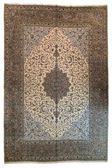 Hand-knotted Kashan rug in 100% wool on a cotton base featuring a brown central medallion on a cream and off-white field - #7025.