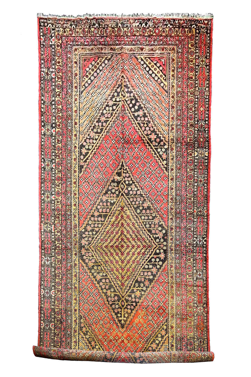 Hand-knotted antique Chinese Khotan rug featuring weathered gold and ochre botanical patterns - #440.