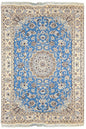 Hand-knotted Blue Nain 9-La rug in wool with silk highlights on a cotton base featuring a cream medallion on a brilliant blue field - #6389.