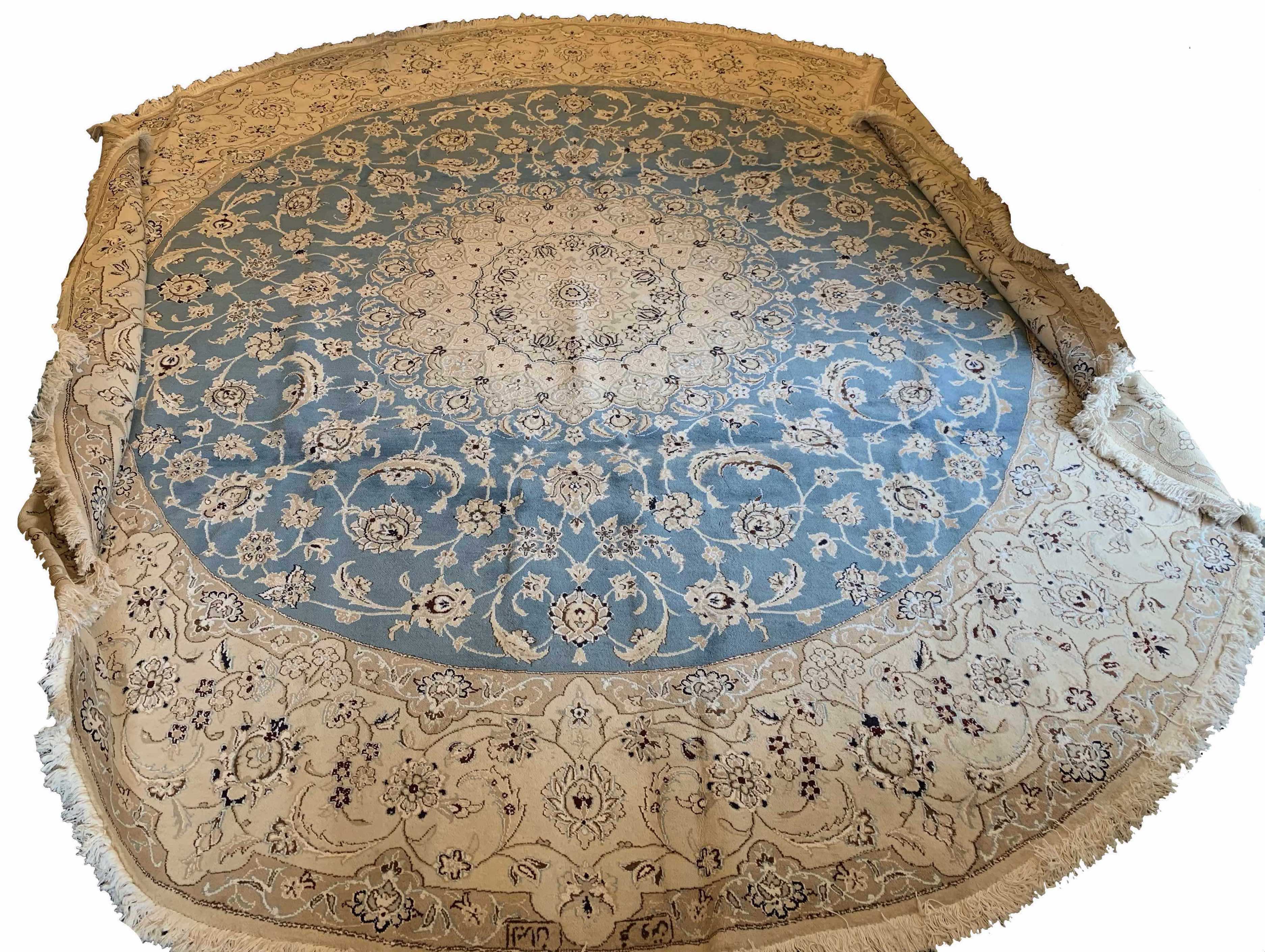 Exquisite #RUS-111 Blue Persian Nain rug, hand-knotted Nau La quality wool with silk highlights on cotton base by AL-SHAHZADI HK LIMITED.