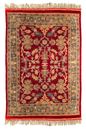 Hand-knotted crimson floral rug with sage and gold botanical patterns on a cotton base - #288.