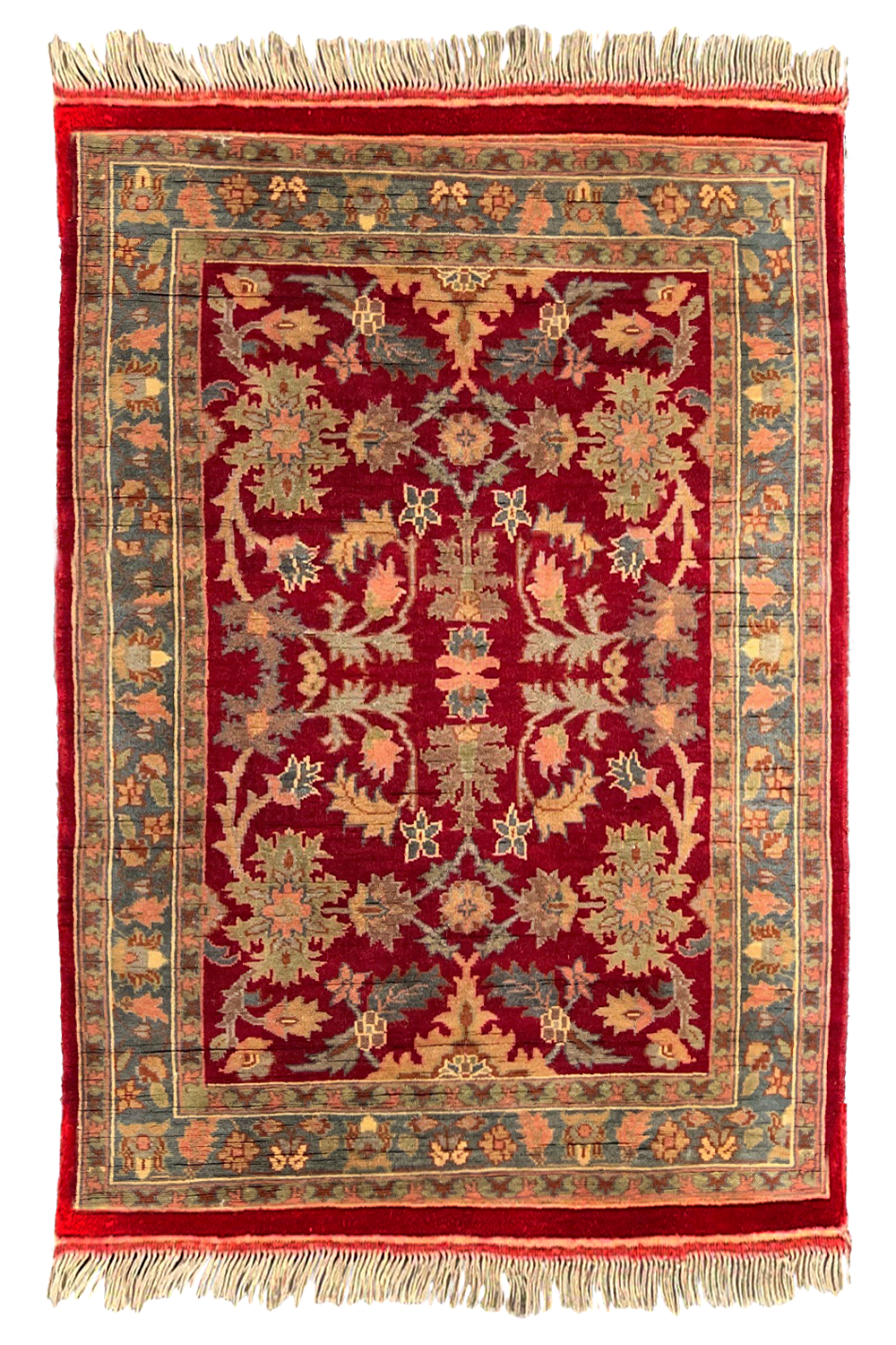 Hand-knotted crimson floral rug with sage and gold botanical patterns on a cotton base - #288.